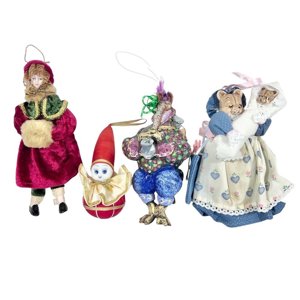 Vintage Christmas Ornaments Lot of 4 Elephant Pixie Elf Victorian Lady Teddybear